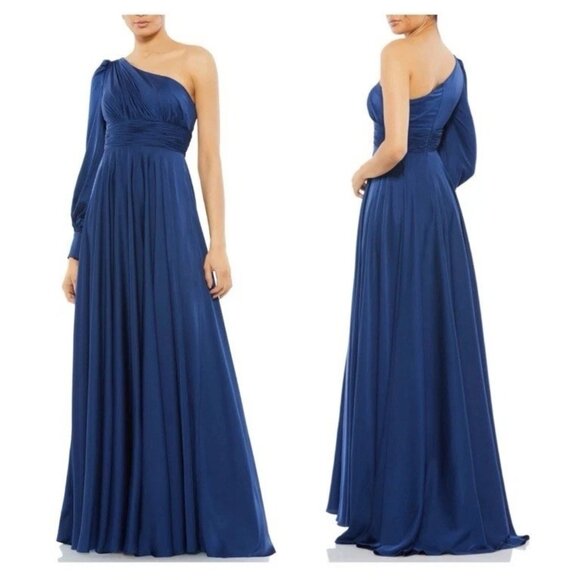Mac Duggal Size 2 Blue One Shoulder Bishop Sleeve Flowy Satin Maxi Gown Dress - Picture 1 of 11